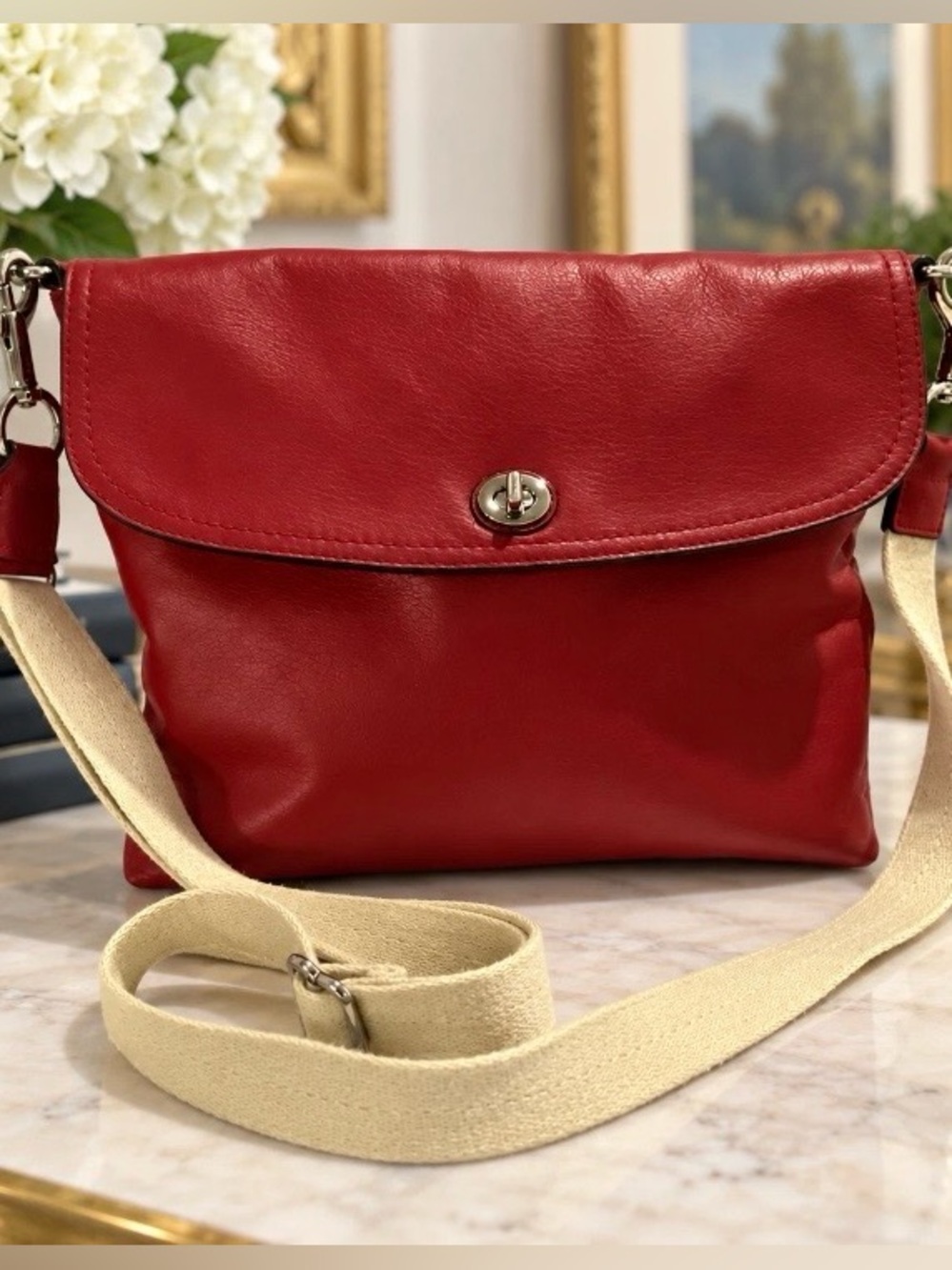 Red Genuine Leather Crossbody Bag Turn Lock Flap Beige Strap Silver Hardware
